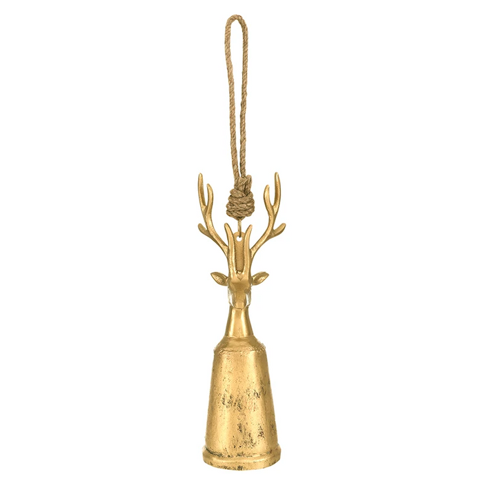 A distressed gold metal deer ornament with antlers and a hanging rope, shown against a plain white background.