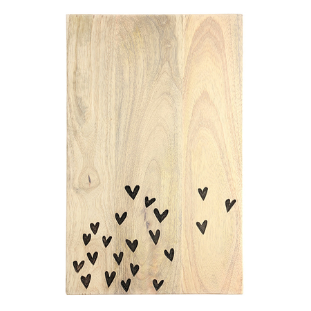 Wooden board with black heart shapes arranged in a pattern