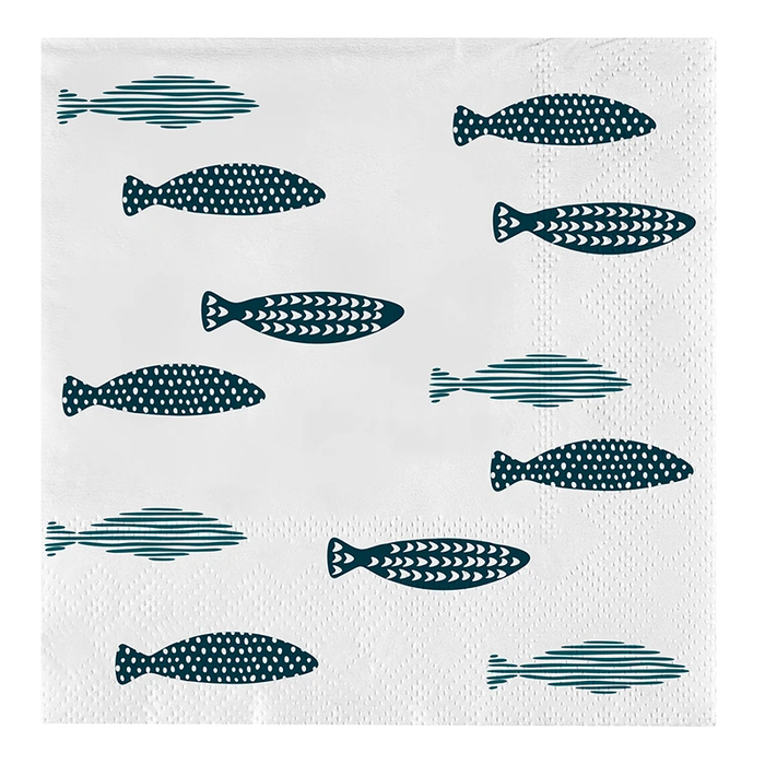cocktail napkin with blue fish pattern