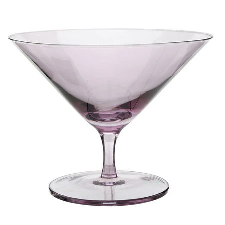 A translucent light purple glass bowl with a stem and circular base, photographed on a plain white background.