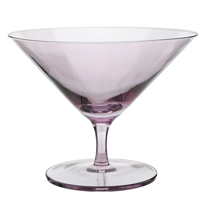 A translucent light purple glass bowl with a stem and circular base, photographed on a plain white background.