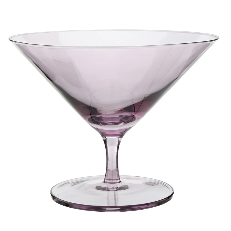 A translucent light purple glass bowl with a stem and circular base, photographed on a plain white background.