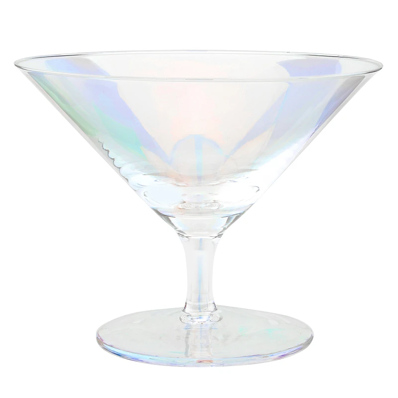 An iridescent clear glass martini coupe with a wide conical bowl, a slender stem, and a flat circular base, shown on a solid white background.