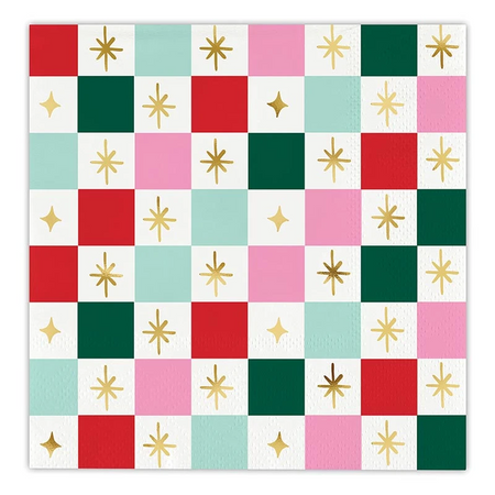 checkerboard with pink and green napkins with gold foil stars
