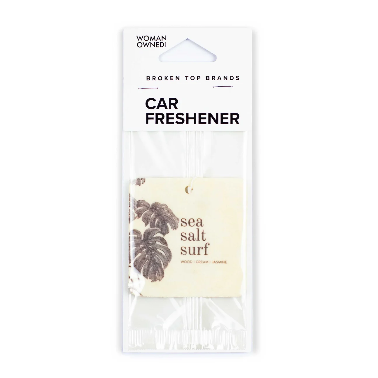 Car freshener packaging with 'sea salt surf' scent on a white background