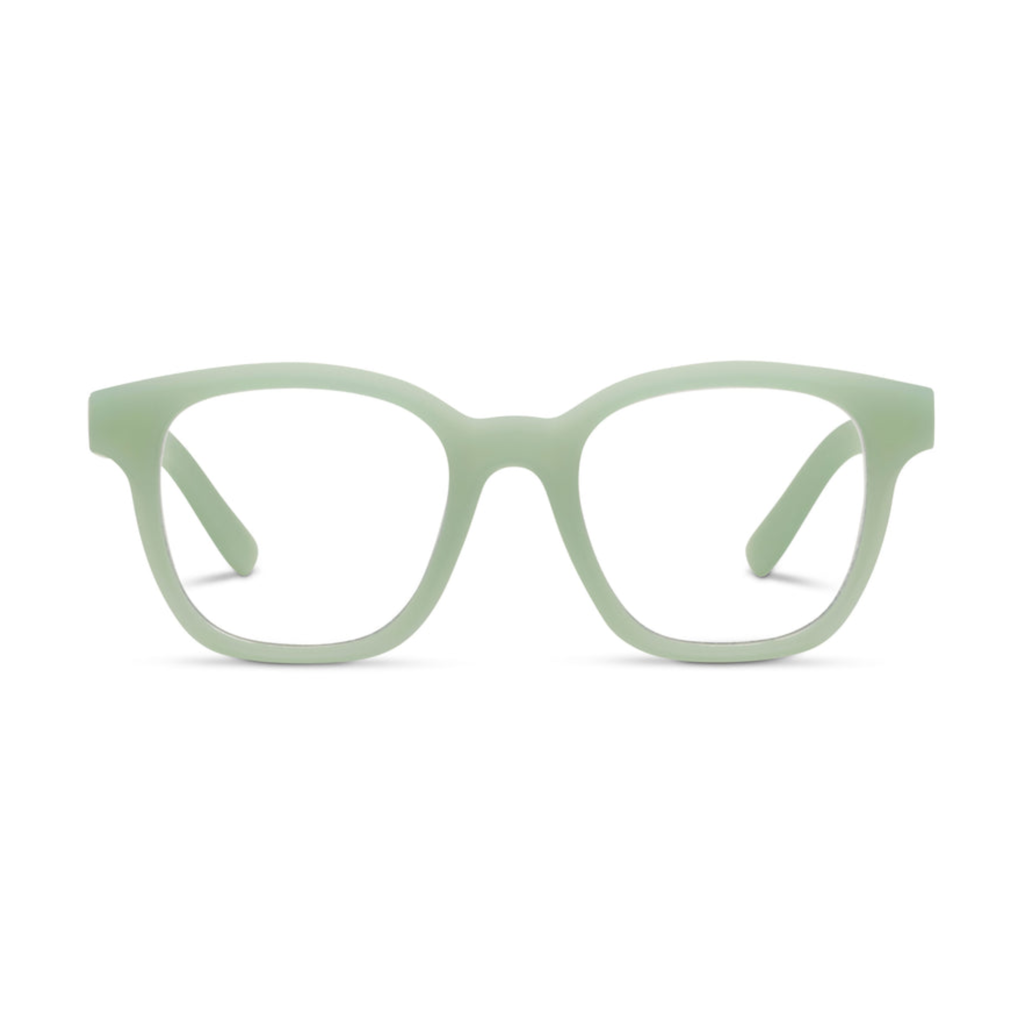 Matte sage green thick-rimmed eyeglass frames with clear lenses, shown from the front on a solid white background.