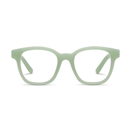 Matte sage green thick-rimmed eyeglass frames with clear lenses, shown from the front on a solid white background.