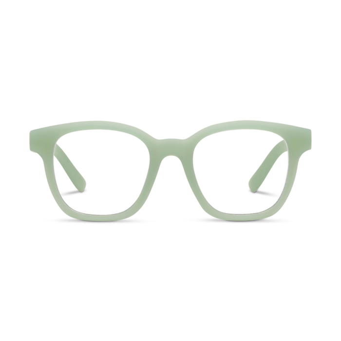 Matte sage green thick-rimmed eyeglass frames with clear lenses, shown from the front on a solid white background.