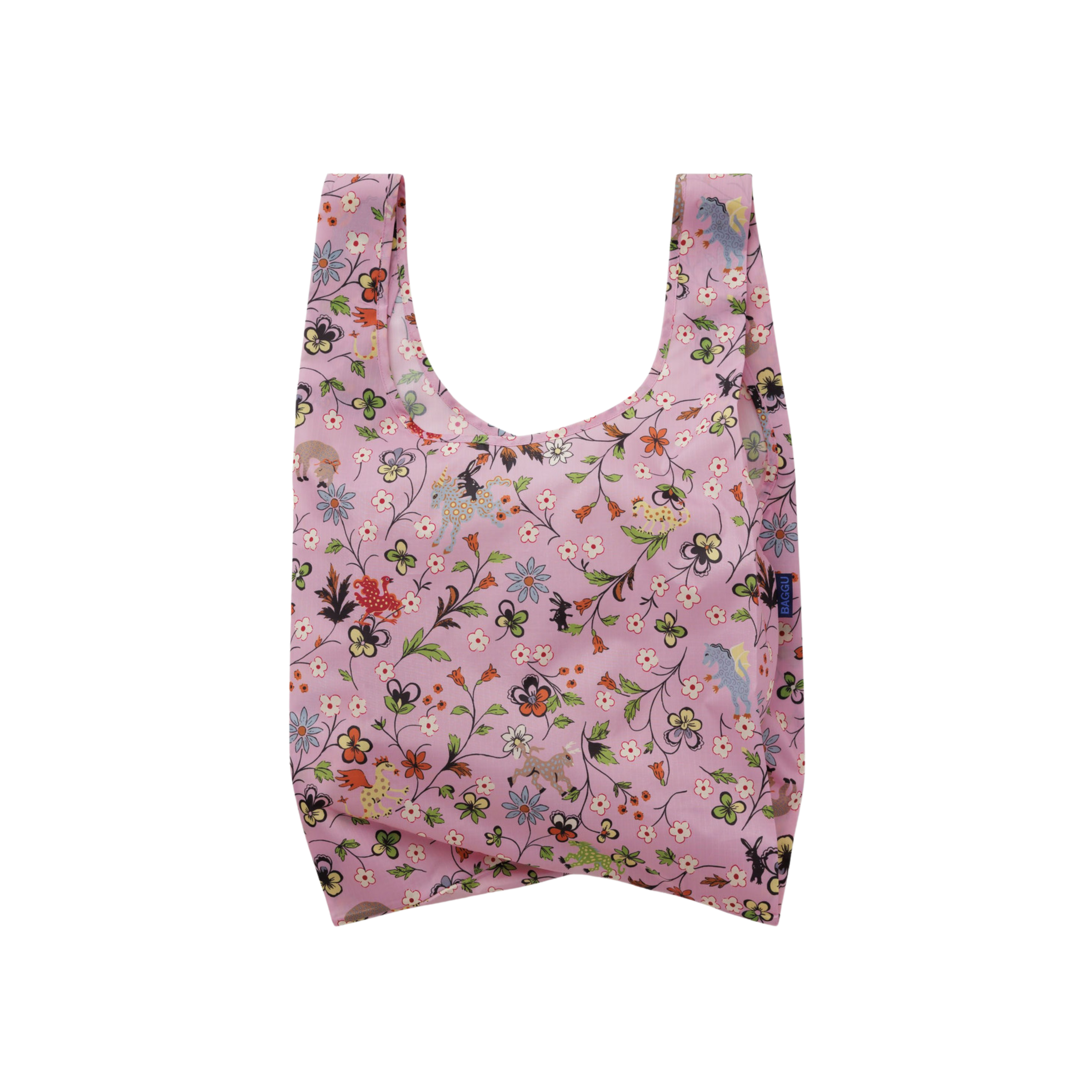 A reusable fabric shopping bag with a pink background and an all-over floral and bird print, shown against a plain white background.