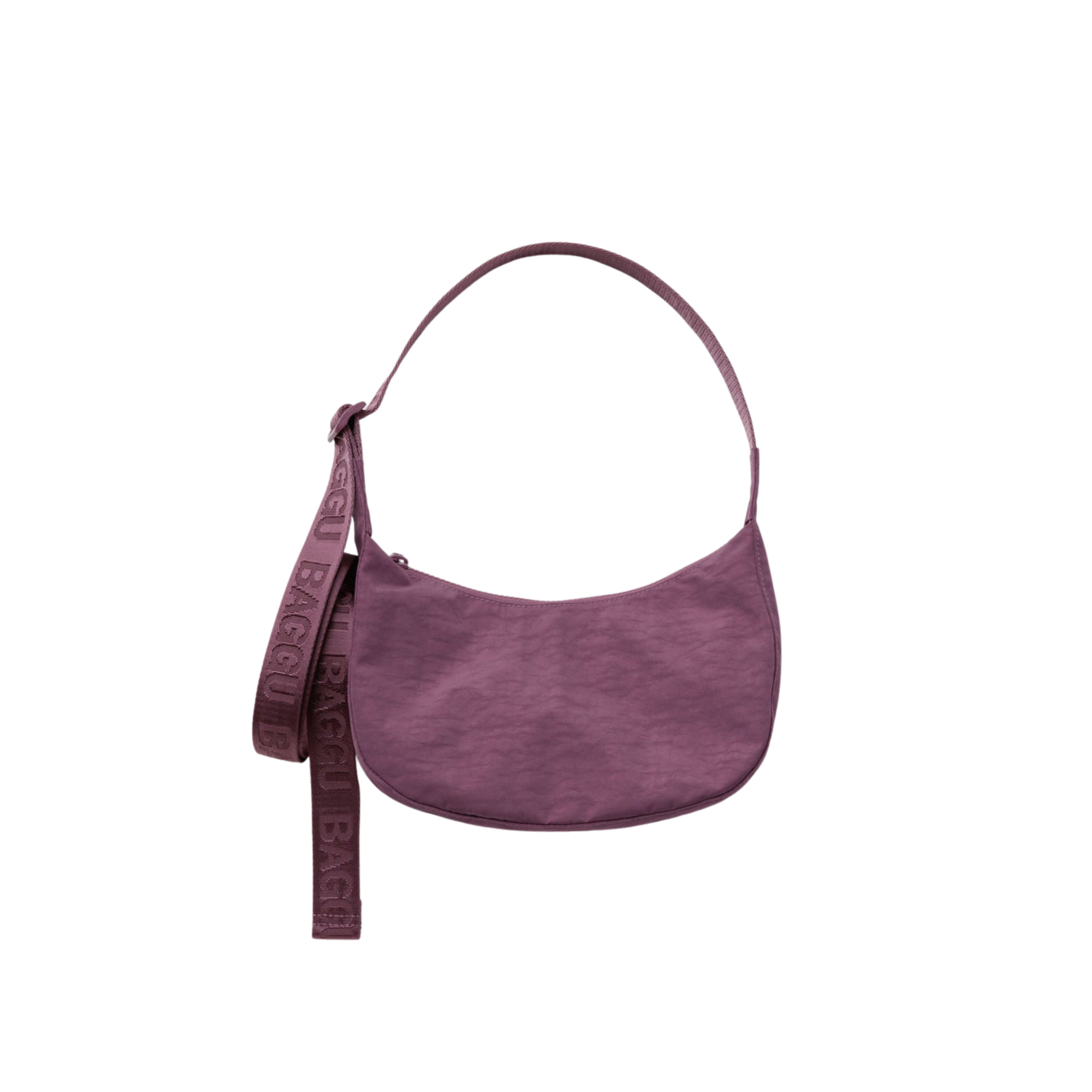 A dusty purple crescent-shaped shoulder bag with a matching fabric strap featuring the brand name 