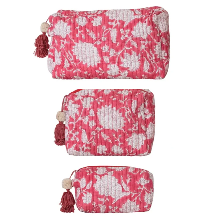 Pink Floral Cotton Voile Quilted Zip Pouch