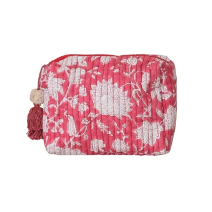 Pink Floral Cotton Voile Quilted Zip Pouch