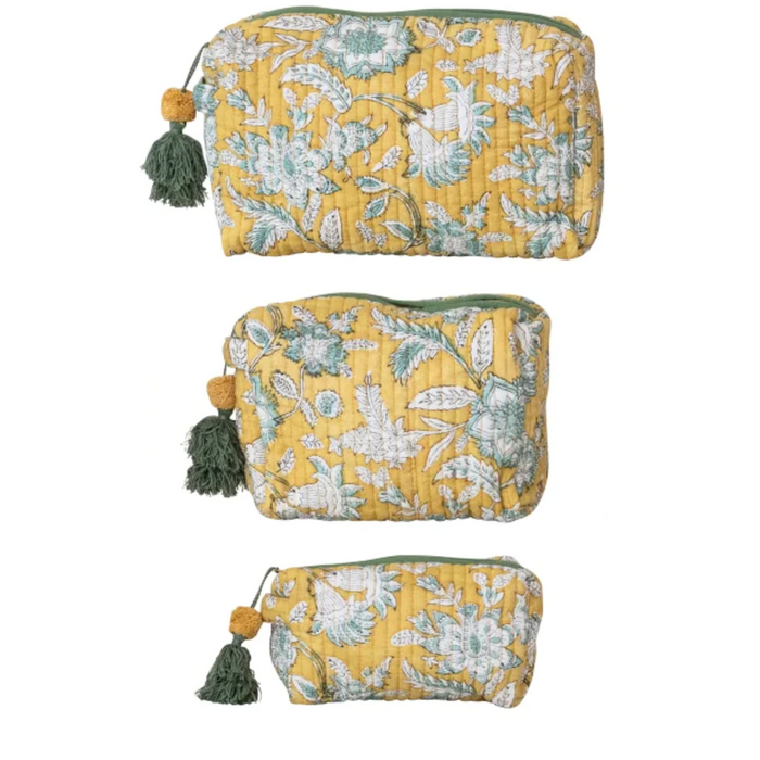 Yellow Floral Cotton Voile Quilted Zip Pouch