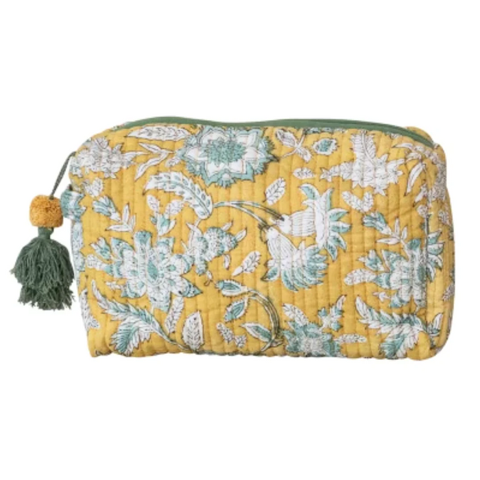 Floral-patterned pouch with a tassel on a white background