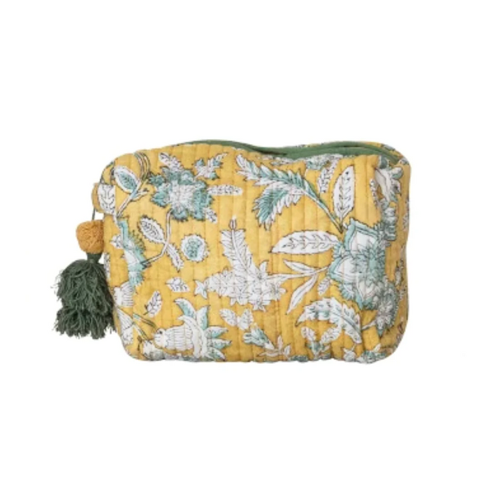 Yellow Floral Cotton Voile Quilted Zip Pouch