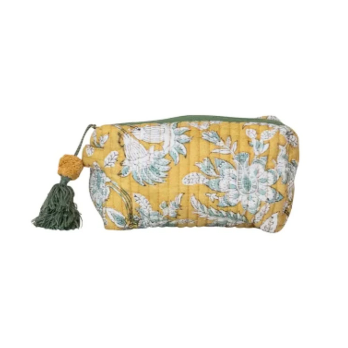 Yellow Floral Cotton Voile Quilted Zip Pouch