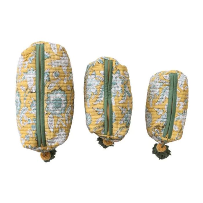 Yellow Floral Cotton Voile Quilted Zip Pouch