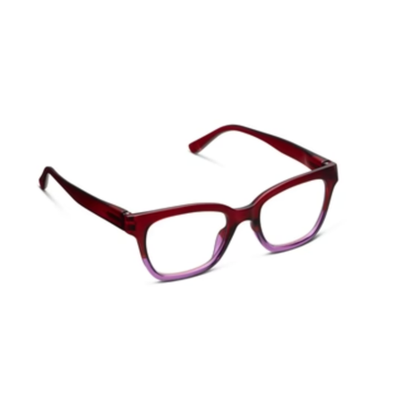 Red and purple eyeglasses on a white background