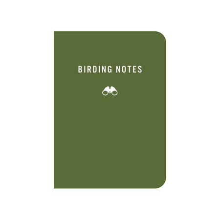 An olive green notebook with rounded corners, featuring the text 'BIRDING NOTES' and a small white binocular icon on the front cover, set against a plain white background.