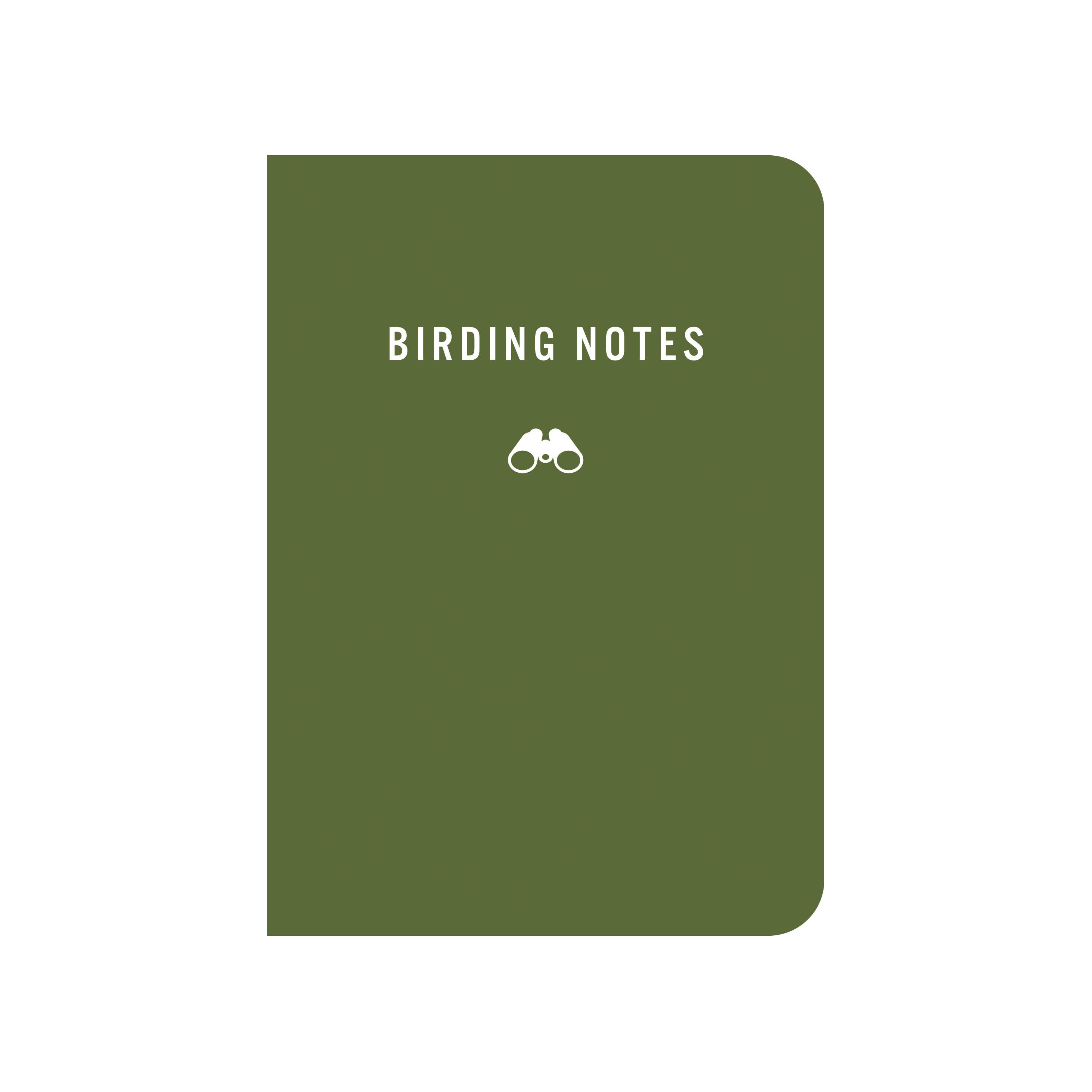 An olive green notebook with rounded corners, featuring the text 'BIRDING NOTES' and a small white binocular icon on the front cover, set against a plain white background.