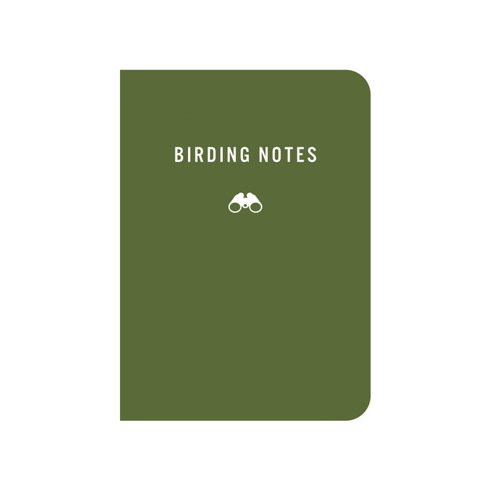An olive green notebook with rounded corners, featuring the text 'BIRDING NOTES' and a small white binocular icon on the front cover, set against a plain white background.