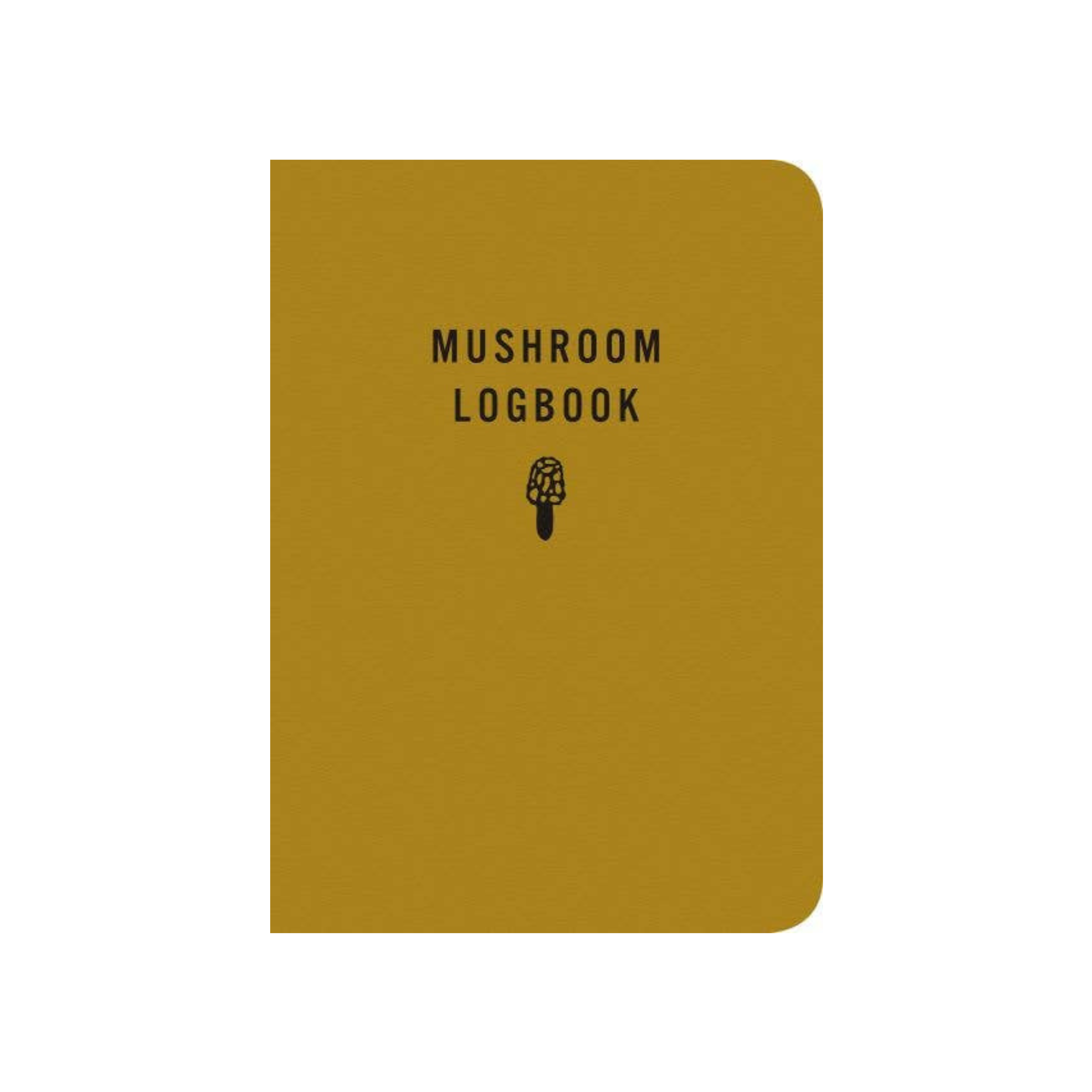 A softcover mushroom logbook with a textured mustard yellow cover and black printed text reading 'MUSHROOM LOGBOOK' along with a small mushroom illustration, shown on a plain white background.