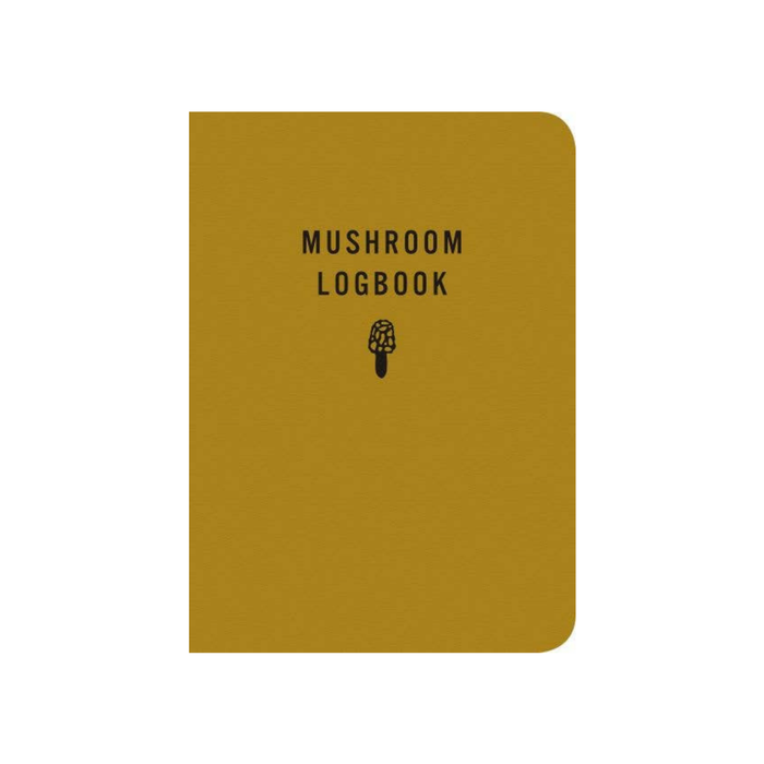 A softcover mushroom logbook with a textured mustard yellow cover and black printed text reading 'MUSHROOM LOGBOOK' along with a small mushroom illustration, shown on a plain white background.