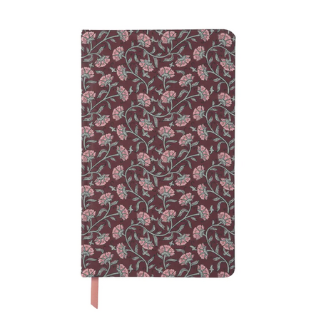 A hardcover notebook with a dark burgundy cover featuring an all-over pink and sage green floral vine pattern, with a matching pink ribbon bookmark hanging from the bottom.