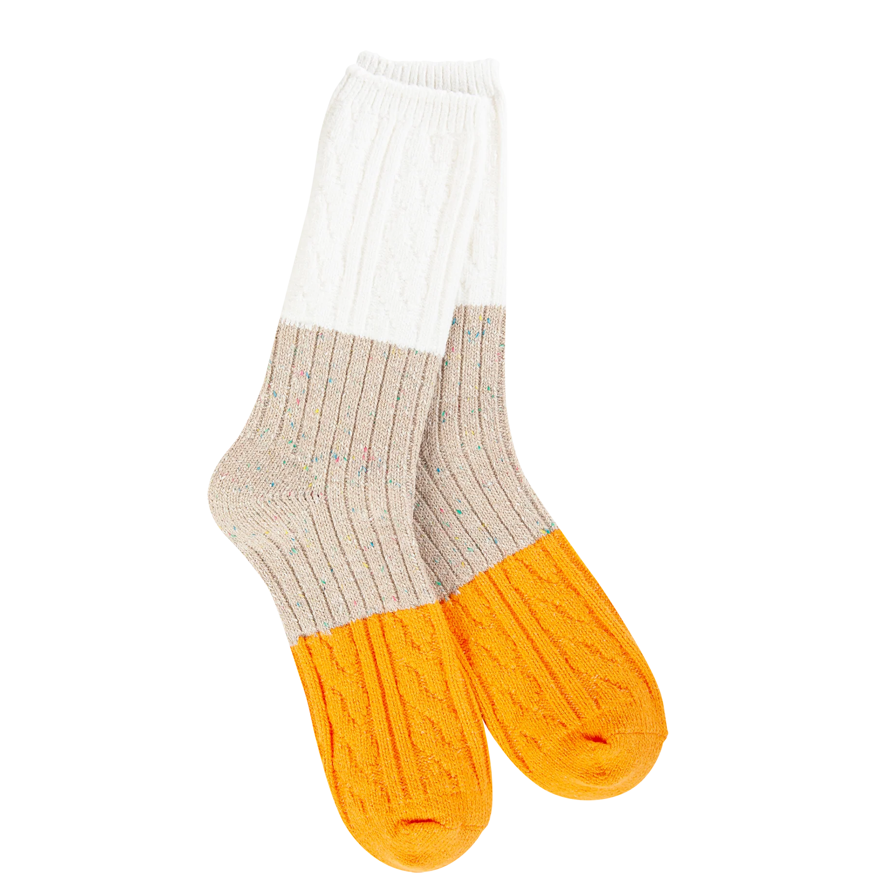 ragg crew socks with white, taupe and orange