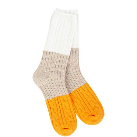ragg crew socks with white, taupe and orange