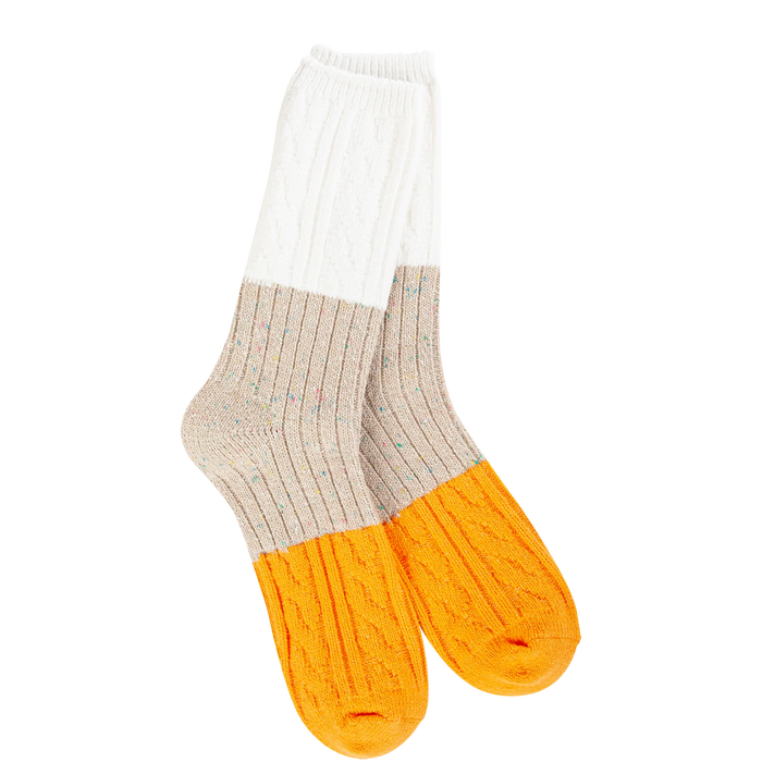 ragg crew socks with white, taupe and orange