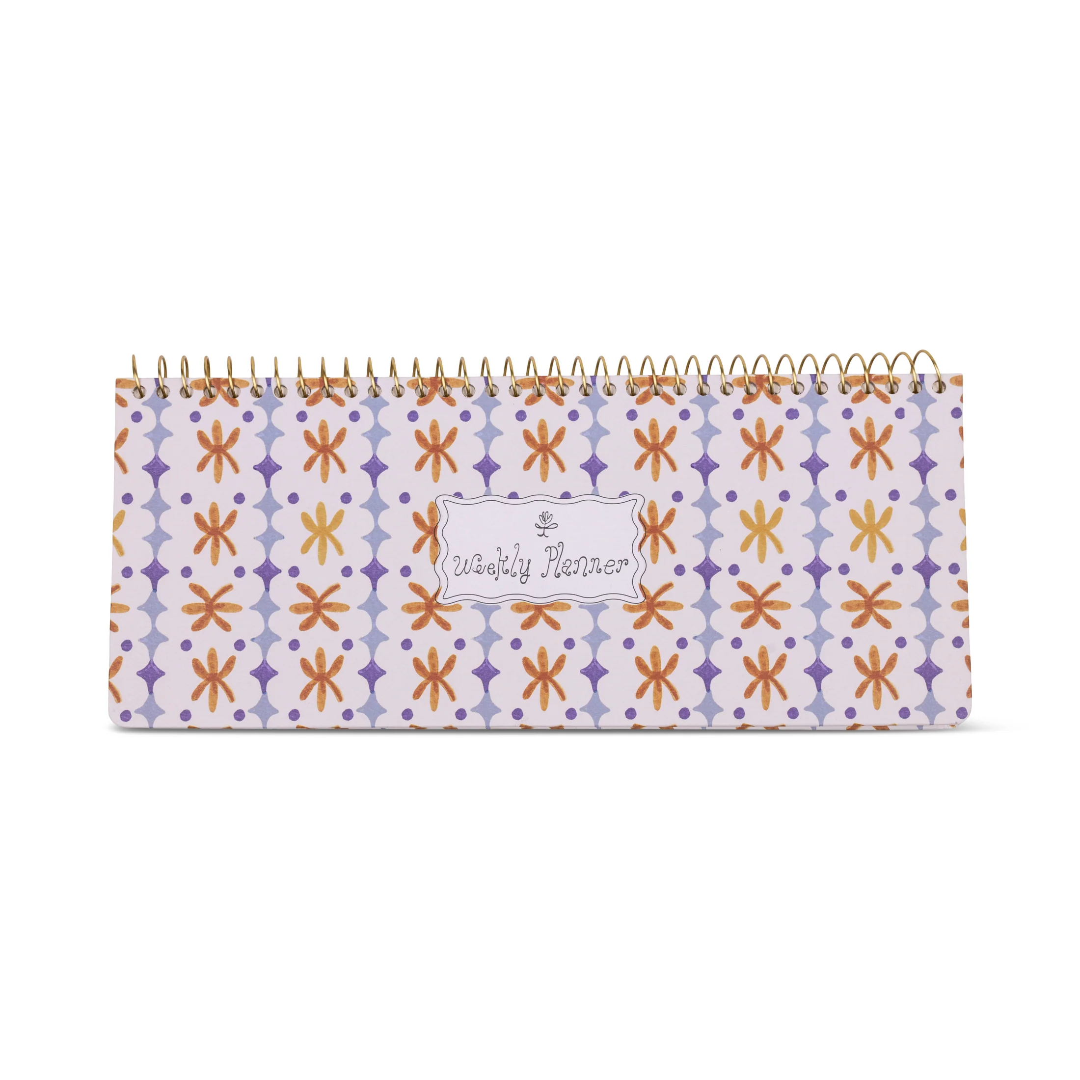 Patterned planner with spiral binding on a white background