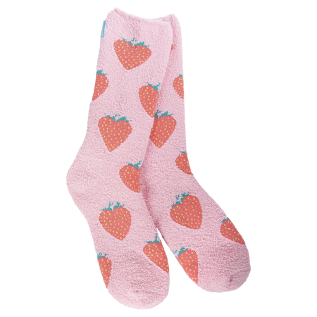 Pink socks with strawberry pattern on a white background