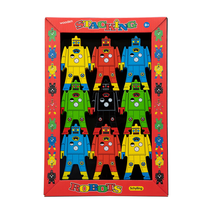 Box of wooden stacking robots with colorful design