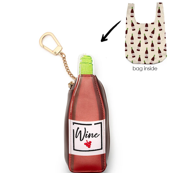 A wine bottle-shaped keychain pouch with a gold clasp and chain, shown on a white background with an inset labeled 'bag Inside' showing a reusable patterned bag inside.