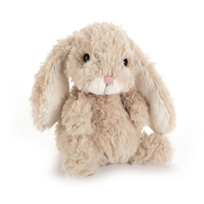 Beige plush bunny sitting upright with floppy ears, black eyes, a pink nose, and a cream-colored muzzle.