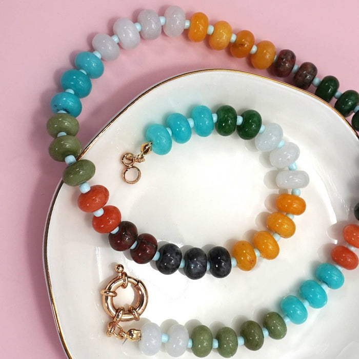 Natural Stone Charm Spring Clasp Beaded Necklace