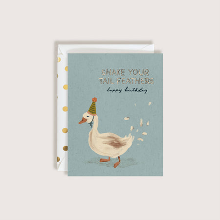 Greeting card with a duck illustration and birthday message on a light blue background