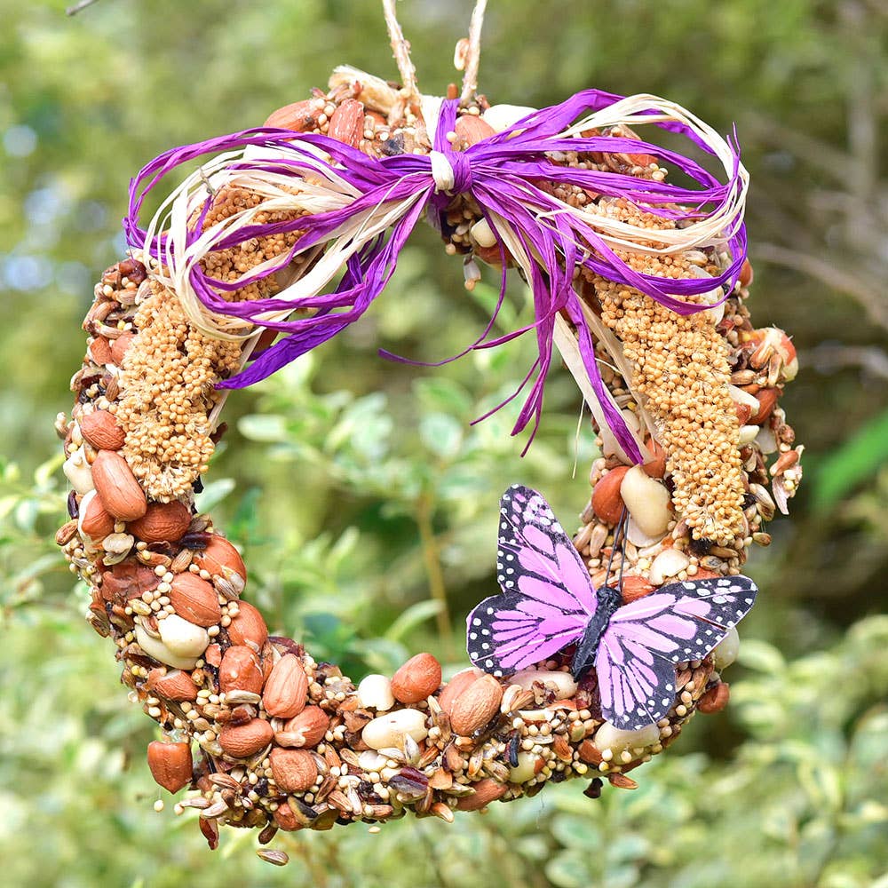 Birdseed wreath with a purple butterfly decoration against a green background