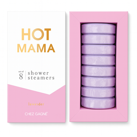 Set of 8 lavender shower steamers in a pink box with 'Hot Mama' branding.