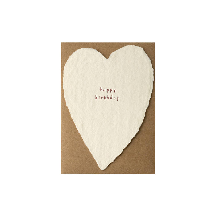 Heart-shaped birthday card with 'happy birthday' text on a brown background