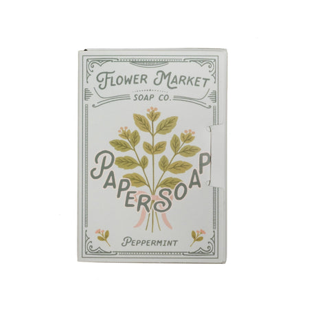Flower Market Soap Co. paper soap packaging with peppermint flavor on a white background