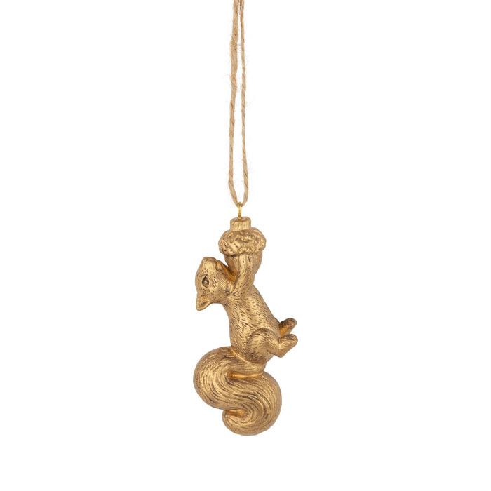 A23783:Gold painted resin squirrel and acorn orn, 3.5 in