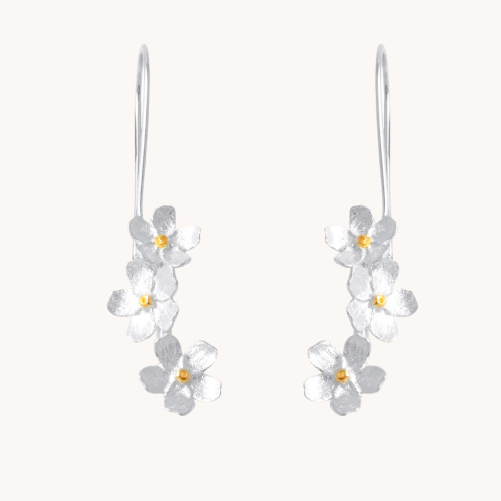 Silver floral earrings on a white background