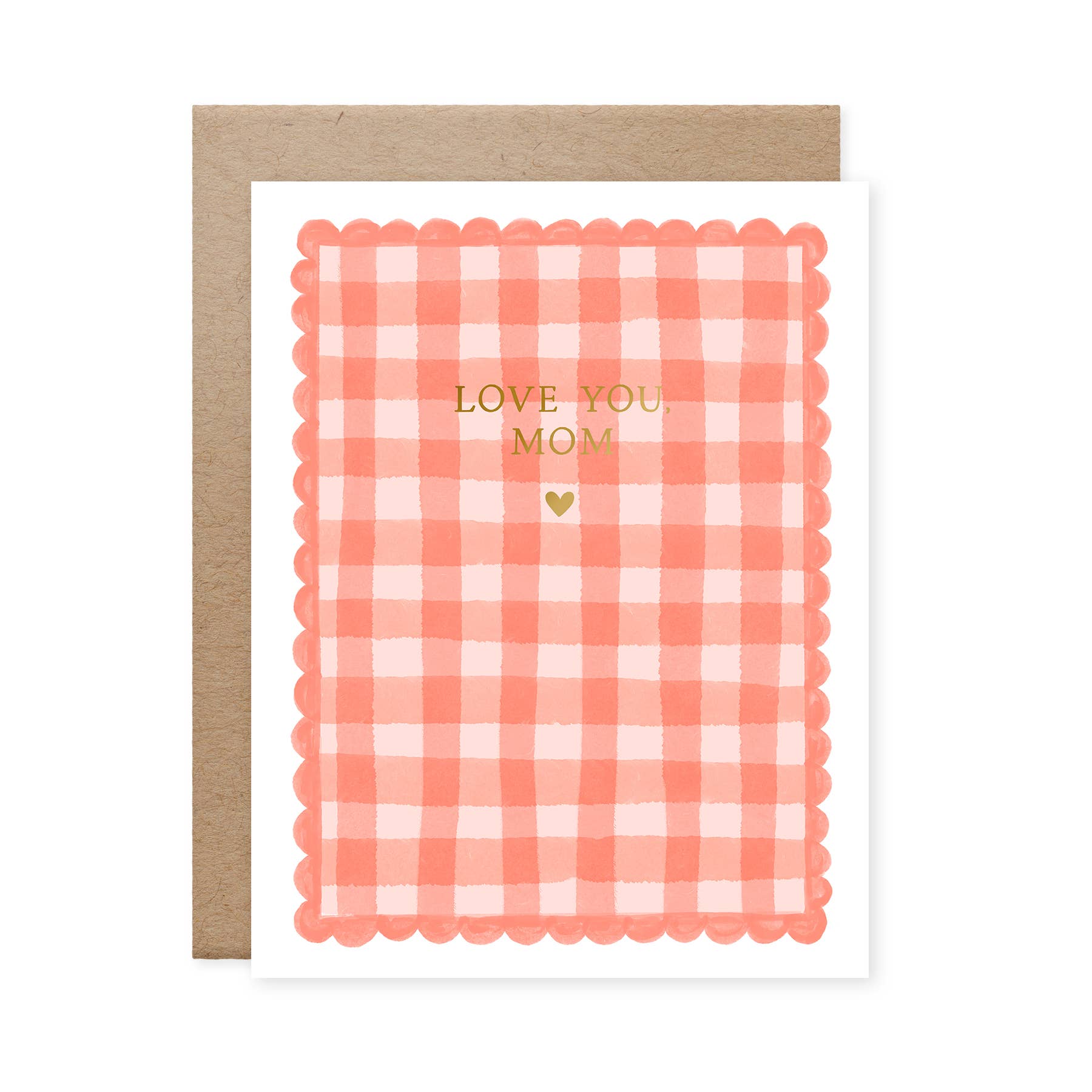 Greeting card with pink and white checkered design and 'Love You Mom' text on a white background