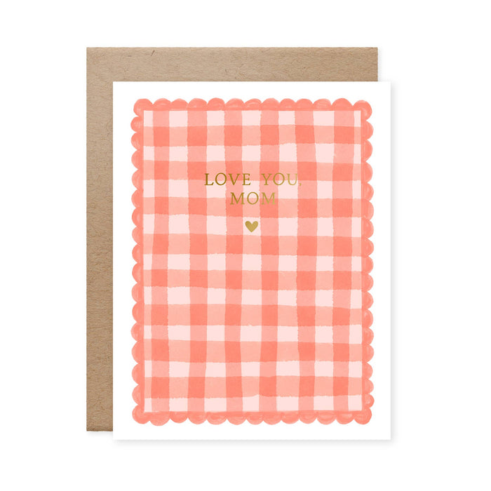 Greeting card with pink and white checkered design and 'Love You Mom' text on a white background
