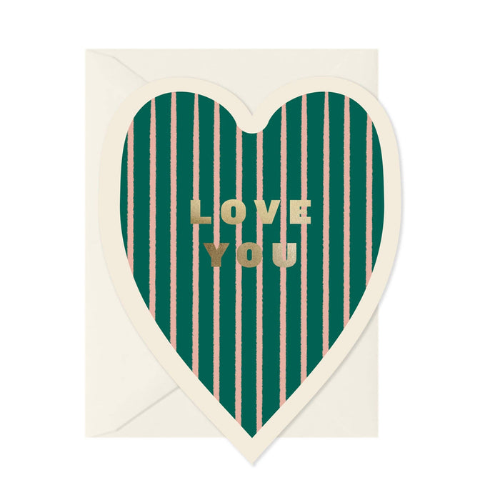 Heart-shaped card with 'Love You' text on a green and pink striped background