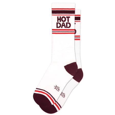 White sock with black text and stripes on a white background