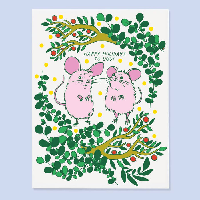 Illustration of two pink mice surrounded by green leaves and branches with 'Happy Holidays to you!' text on a light blue background.