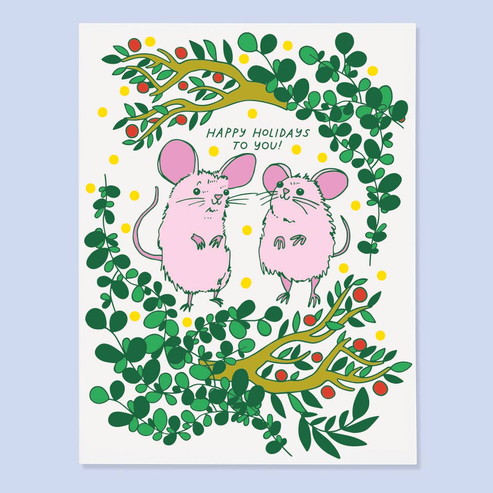 Illustration of two pink mice surrounded by green leaves and branches with 'Happy Holidays to you!' text on a light blue background.